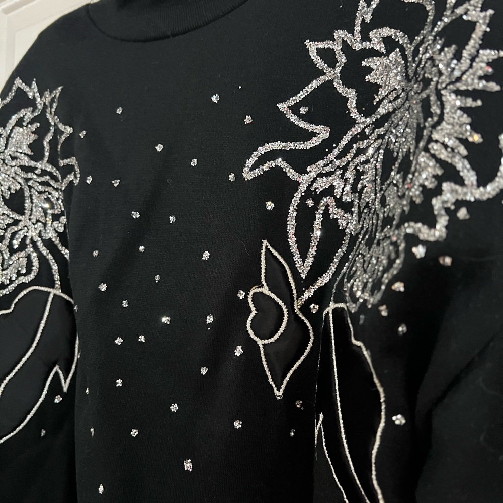 Vintage Black Rhinestone Floral Mock Neck Sweatshirt 80s 90s Coquette L - Picture 9 of 10